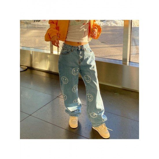 Smile Face Printed Denim Wide Leg Jean Trousers