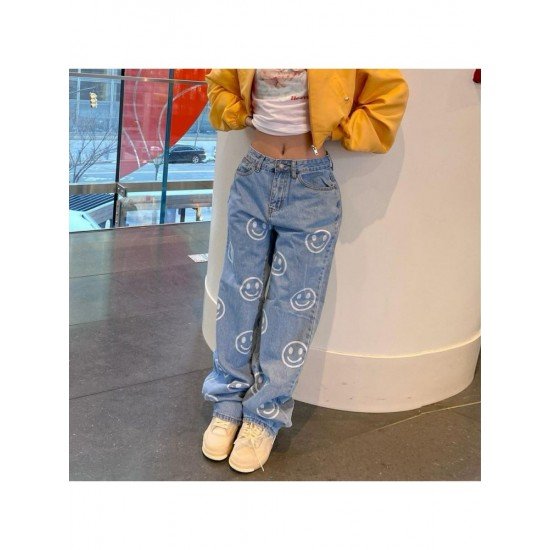 Smile Face Printed Denim Wide Leg Jean Trousers