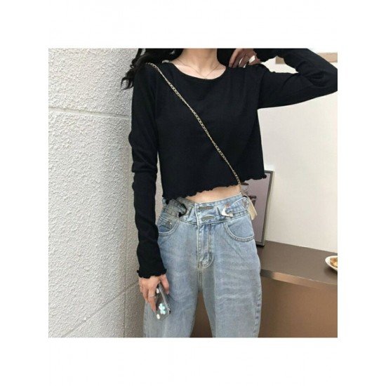 Fall White Stringy Selvedge Long Sleeve Cropped Tops