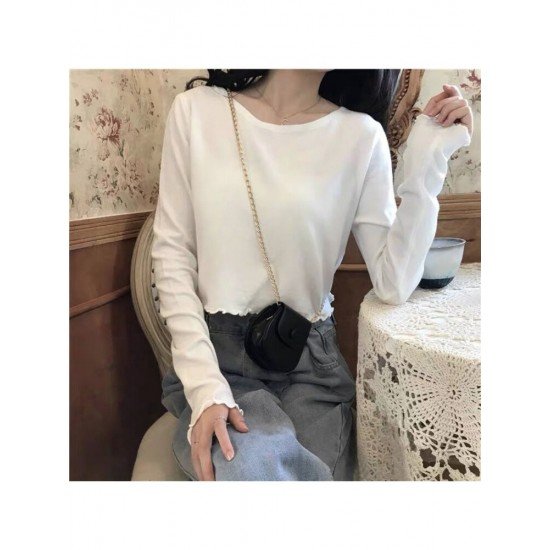 Fall White Stringy Selvedge Long Sleeve Cropped Tops