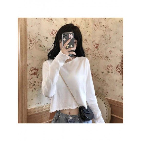 Fall White Stringy Selvedge Long Sleeve Cropped Tops