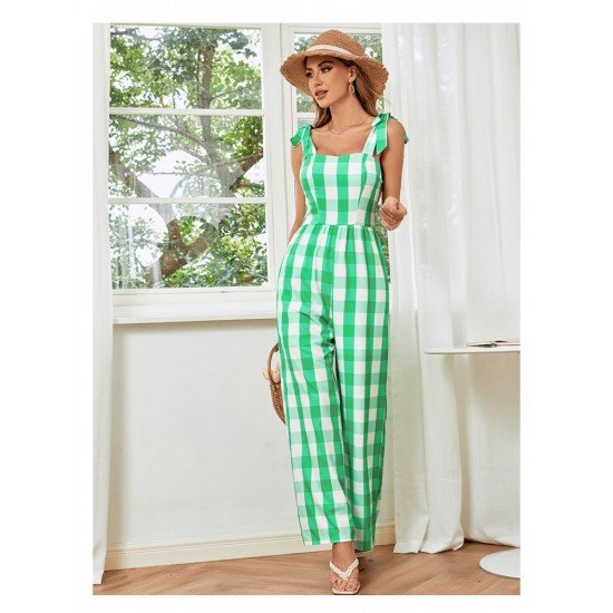 Casual Contrast Color Plaid Sleeveless Jumpsuit