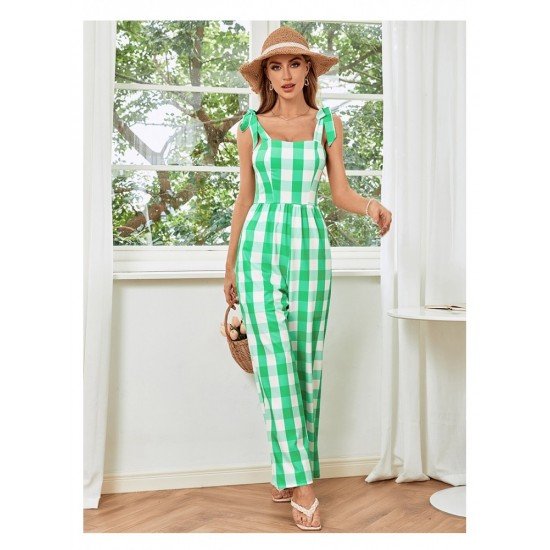 Casual Contrast Color Plaid Sleeveless Jumpsuit