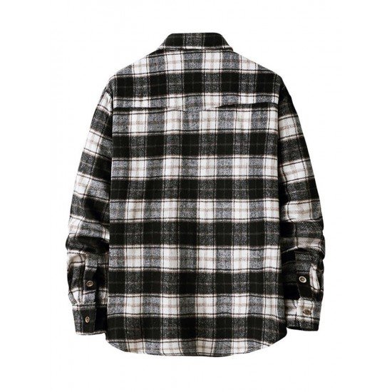 Fashion Contrast Color Plaid Polo Collar Shirt Coat