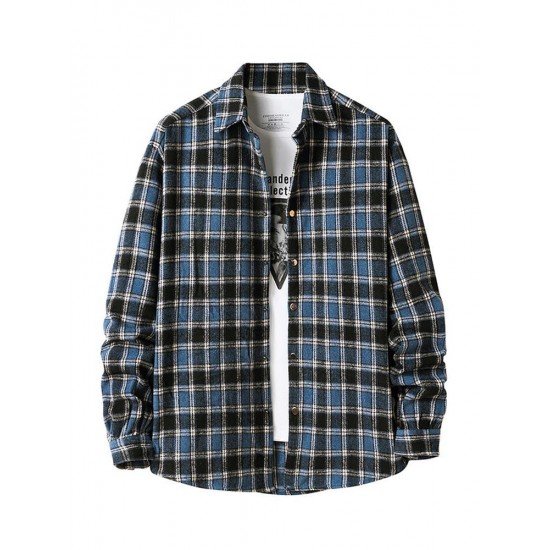 Fashion Contrast Color Plaid Polo Collar Shirt Coat