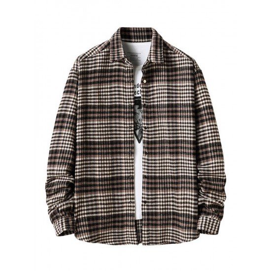 Fashion Contrast Color Plaid Polo Collar Shirt Coat