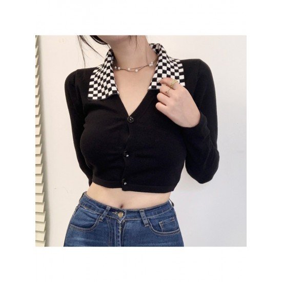 Grid Patchwork Button Up Cropped Tops For Women