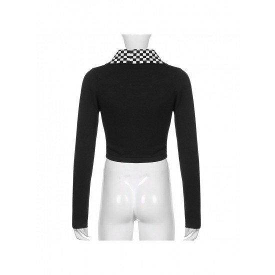 Grid Patchwork Button Up Cropped Tops For Women