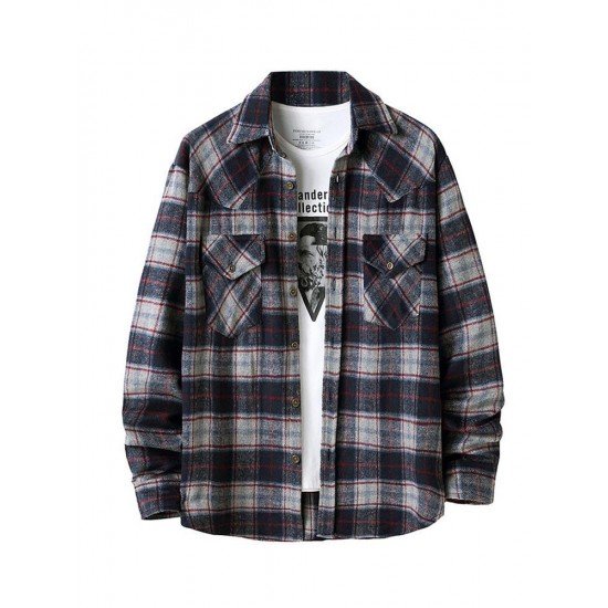 Fashion Contrast Color Plaid Polo Collar Shirt Coat