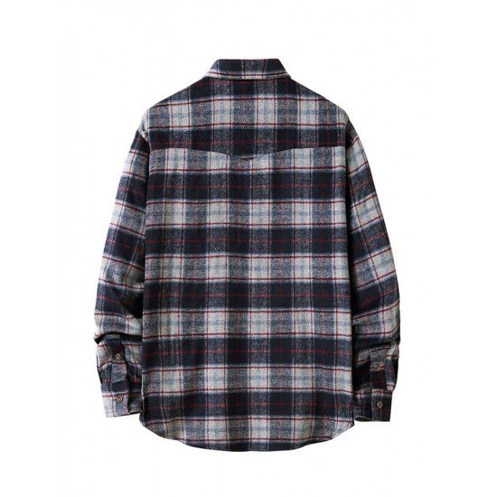 Fashion Contrast Color Plaid Polo Collar Shirt Coat