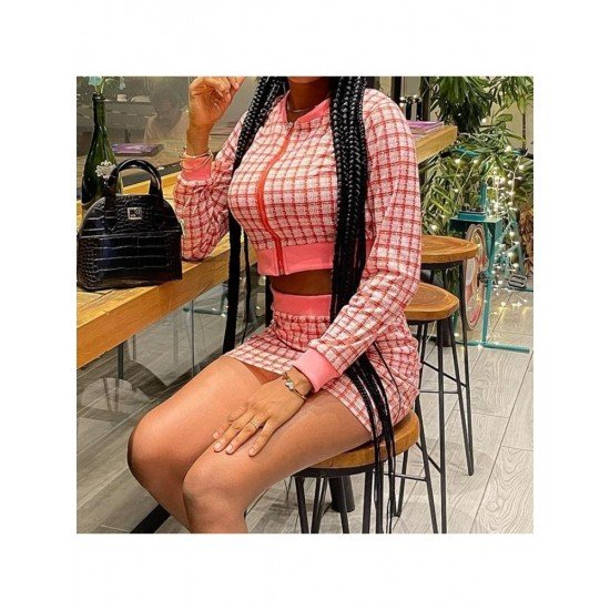  Fashion Plaid Crop Top And Skirt Women's Sets