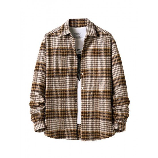 Fashion Contrast Color Plaid Polo Collar Shirt Coat