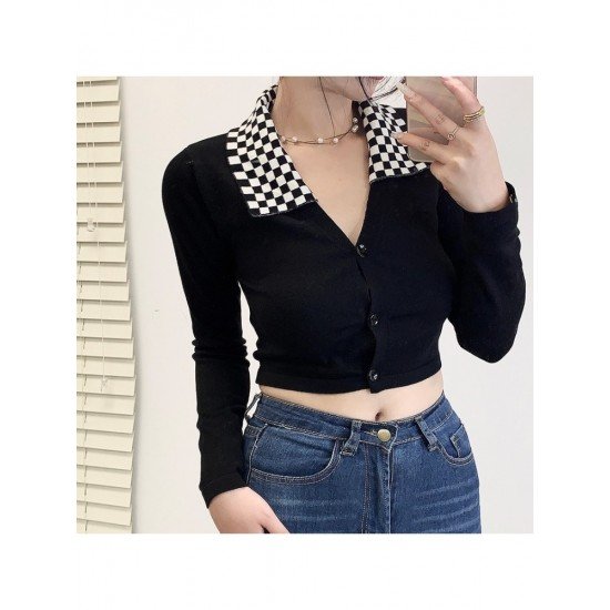 Grid Patchwork Button Up Cropped Tops For Women