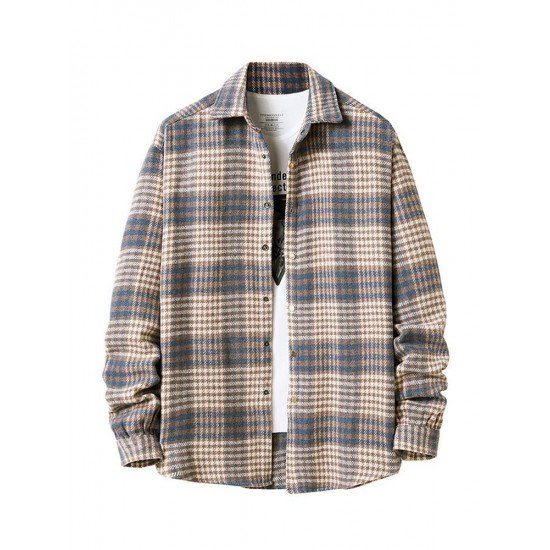 Fashion Contrast Color Plaid Polo Collar Shirt Coat