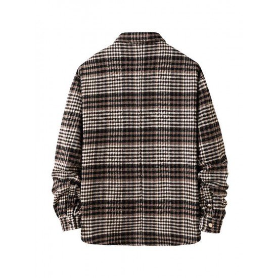 Fashion Contrast Color Plaid Polo Collar Shirt Coat