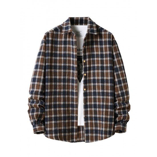 Fashion Contrast Color Plaid Polo Collar Shirt Coat