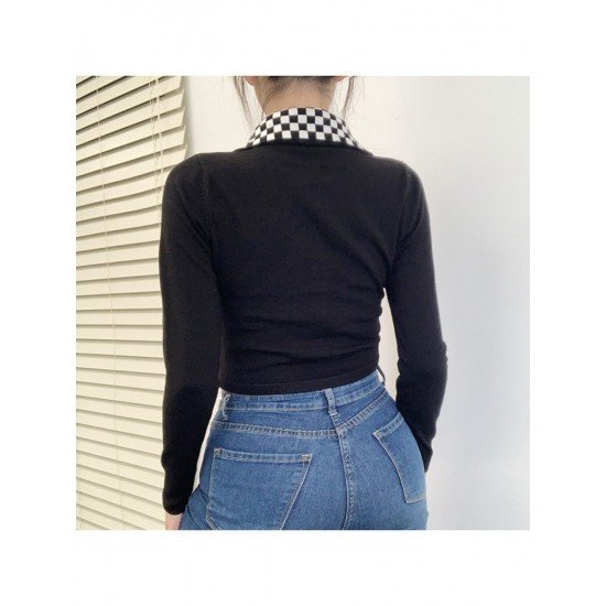 Grid Patchwork Button Up Cropped Tops For Women