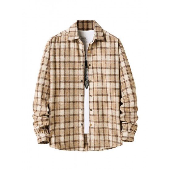 Fashion Contrast Color Plaid Polo Collar Shirt Coat