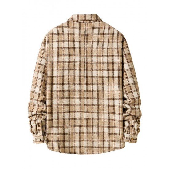 Fashion Contrast Color Plaid Polo Collar Shirt Coat