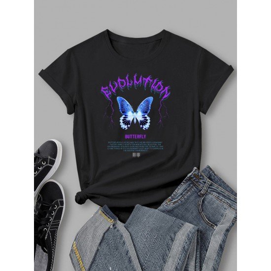 Butterfly Pattern White Summer Ladies T Shirts