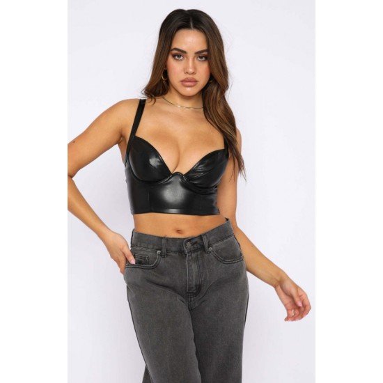 Sexy Black PU Leather Zipper Up Cropped Tank Tops