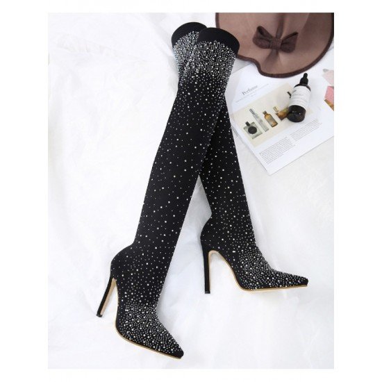 Black Rhinestone Stiletto Over Knee High Boots