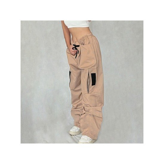 Pockets Contrast Color Loose Straight Leg Cargo Trousers