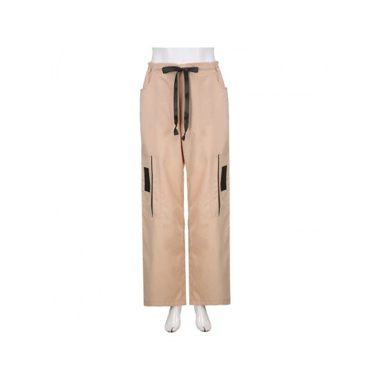 Pockets Contrast Color Loose Straight Leg Cargo Trousers