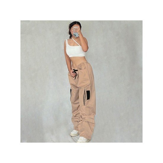 Pockets Contrast Color Loose Straight Leg Cargo Trousers