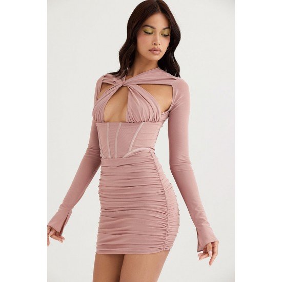 Sexy Solid Ruched Hollow Out Long Sleeve Dress