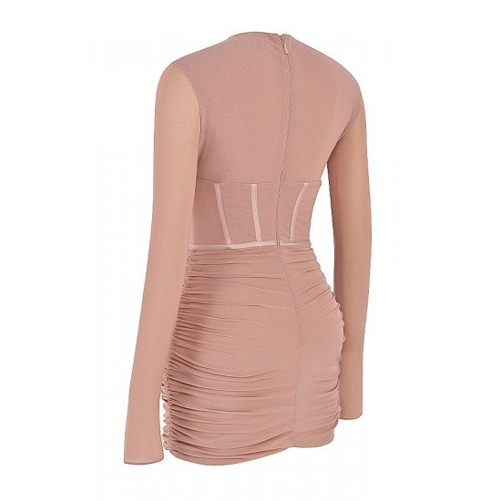 Sexy Solid Ruched Hollow Out Long Sleeve Dress