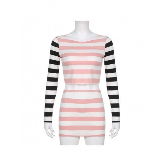 Color Blocking Striped Matching Mini Skirt And Top Sets