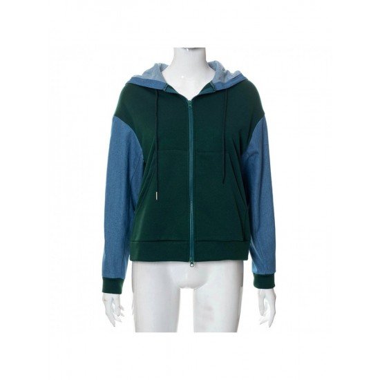 Green Blue Color Blocking Hooded Collar Women Coats