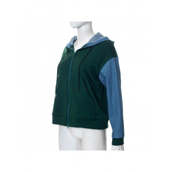 Green Blue Color Blocking Hooded Collar Women Coats