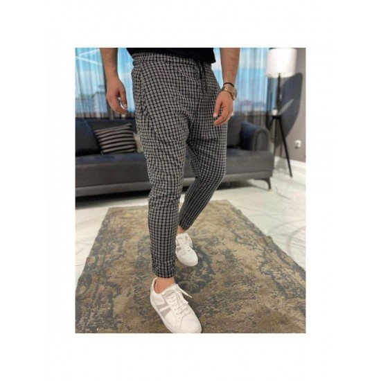 Casual Black Plaid Pencil Pant Trousers For Men