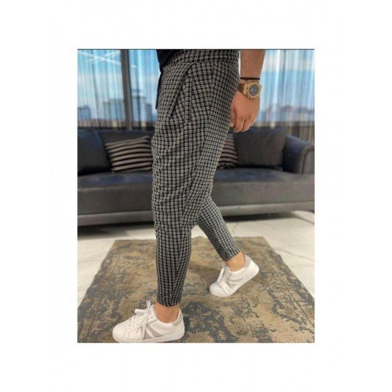 Casual Black Plaid Pencil Pant Trousers For Men