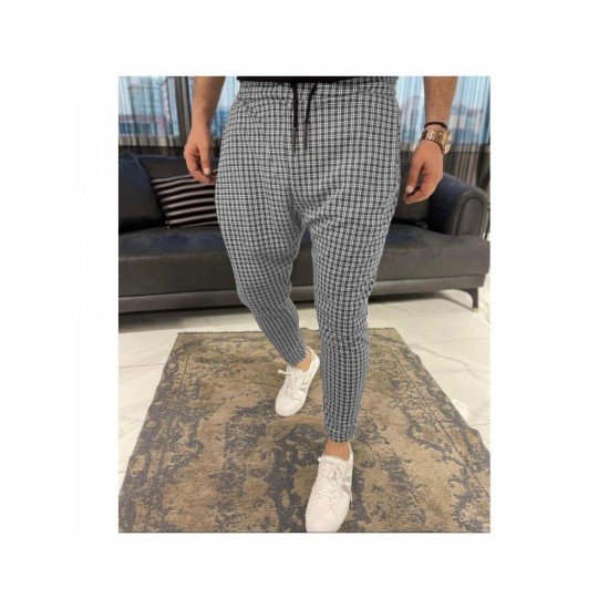 Casual Black Plaid Pencil Pant Trousers For Men