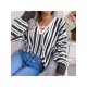 Striped V Neck Ladies Lantern Sleeve Sweaters