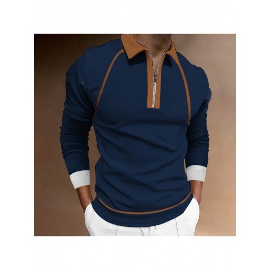 Contrast Color Long Sleeve Polo Shirts For Men