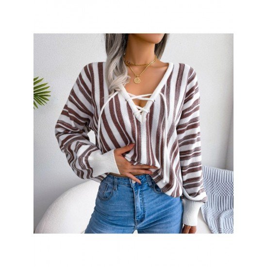 Striped V Neck Ladies Lantern Sleeve Sweaters