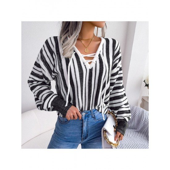 Striped V Neck Ladies Lantern Sleeve Sweaters