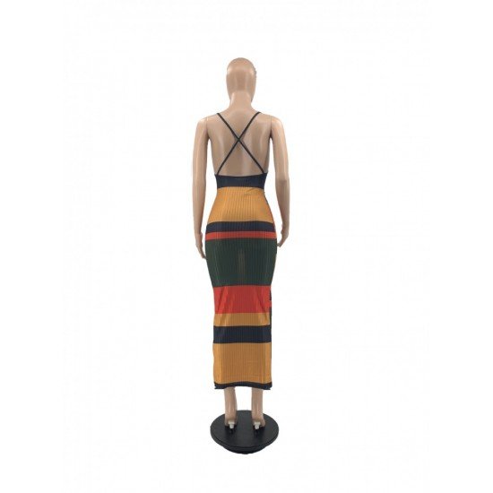 Fashion Knitting Colorblock Striped Maxi Dress