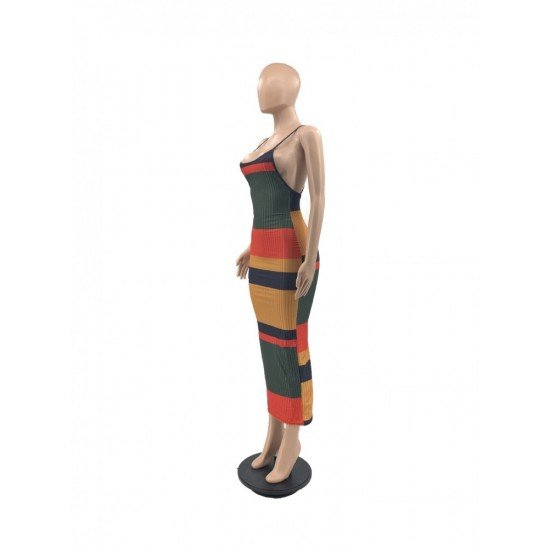 Fashion Knitting Colorblock Striped Maxi Dress