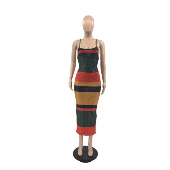 Fashion Knitting Colorblock Striped Maxi Dress