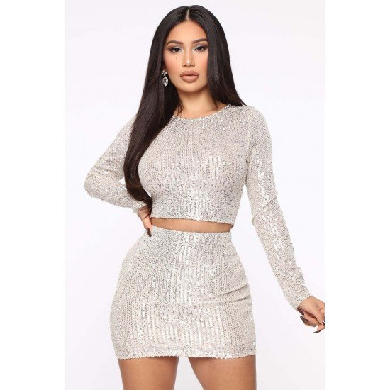  Pure Color Sequin Top And Hip Skirt Set