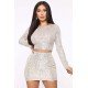  Pure Color Sequin Top And Hip Skirt Set