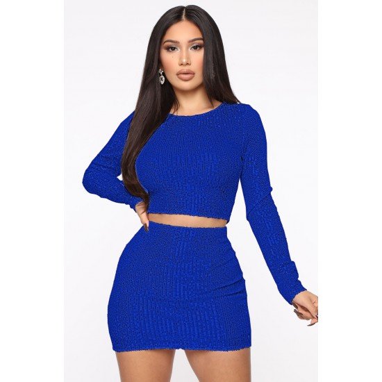  Pure Color Sequin Top And Hip Skirt Set