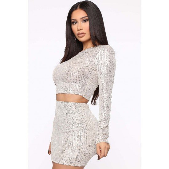  Pure Color Sequin Top And Hip Skirt Set