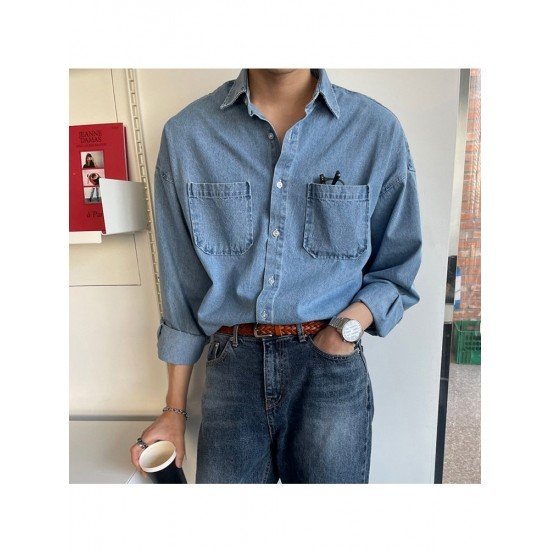  Versatile Pure Color Men's Long Sleeve Denim Shirt