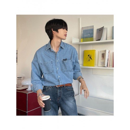  Versatile Pure Color Men's Long Sleeve Denim Shirt